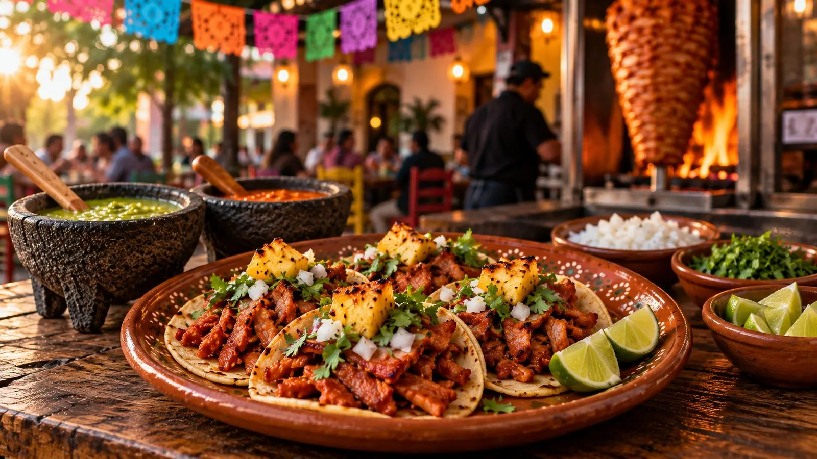 Cocinera sirviendo antojitos en una cocina tradicional mexicana